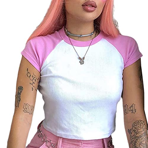 Camiseta Corta Sexy Ajustada para Mujer de Verano Y2K Top Corto Casual con Mangas Cortas de Moda Crop Top Elegante Slim T-Shirt de Streewear para Diario Aire Libre (Rosa D, M) Cover