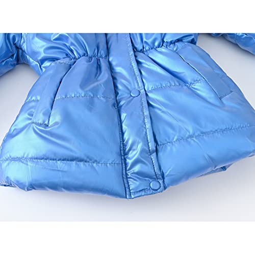 Girls Winter Dress Coats Faux Fur Hooded Wool Jackets Waterproof Flower Print Parka Warm Cotton Puffer Outwear (Blue, 8-9 Years)3