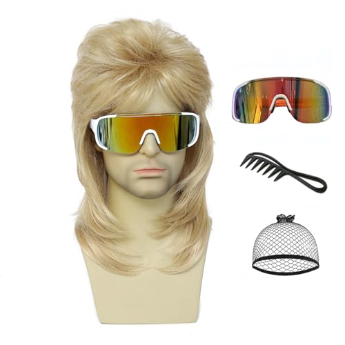 Image of 80s Mullet Wig for Men Blonde, Vintage 70s 80s Punk Rock Disco Wig with Sunglasses Comb Wig Cap, Adult Halloween Costume Cosplay Party Wig Set (Light Blonde)