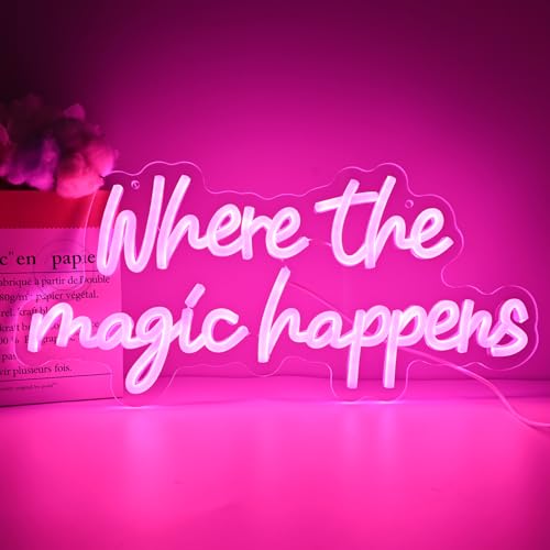 Image of Britrio Where The Magic Happens Neon Sign Led Pink Light Up Word Signs for Wall Decor Letter Neon Light Signs Indoor Light for Bedroom Wedding Birthday Party Home Bar Pub Man Cave Gift 5V USB