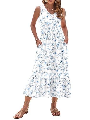 Image of AUSELILY Womens Summer Maxi Dress Casual Sleeveless V Neck Floral Dresses | A line shape with practical side pockets, Vacation dress for resort walks, Pair with low heels and simple jewelry