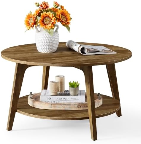 VASAGLE Round Coffee Table, 2-Tier Center Table with Storage, Tap...