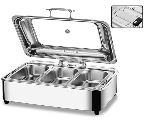 Chafing Dish Elektrisch, 9L Edelstahl Speisenwärmer Warmhaltebehälter mit Sichtbarem Glasdeckel, Elektrischer Buffetwärmer für Partys und Bankette, Einstellbarer Temperatur(Size:GN1/3)
