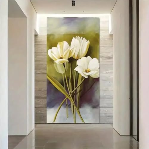 Toile abstraite fleurs blanches pour salon retro scandinave