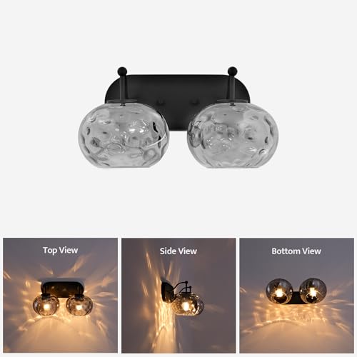 Image of Matte Black Vanity Light Smoked Grey Hammered Glass Wall Sconce 2-Light Modern Mid-Century Wall Lamp for Hallway Living Room Stairwell Bathroom Over Mirror