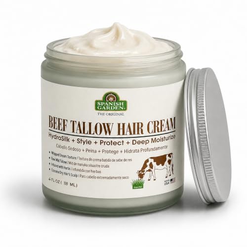Spanish Garden Beef Tallow Hair Cream Organic Moisturizing Cream for Hair Growth Deep Hydration for Dry Damaged & Frizzy Hair Gentle Repairs & Revitalizes Natural for All Hair Types 4Fl Oz