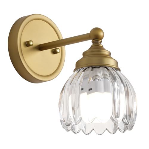 HEQIQEH 1 Pack Antique Brass Wall Sconce Vintage Tulip Glass Shade Lamp with Remote, Timer, and 12 Color LED, Tool Free Installation for Indoor Decor