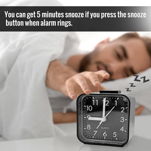 Image of Lamisola Small Analog Alarm Clock for Bathroom, Black Travel Clock, Battery Operated, Quieter Bedside Dial Clocks for Bedrooms Kitchen, Shelf Desk Clock