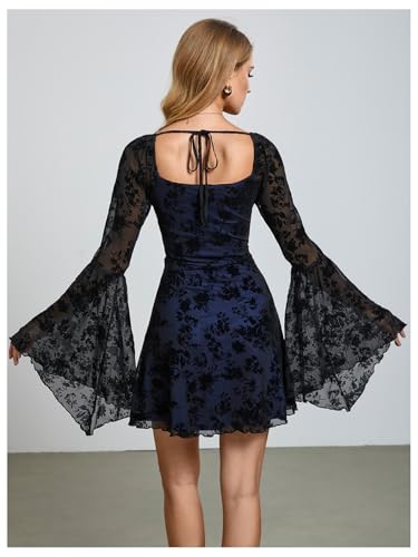 Image of WDIRARA Women's Floral Jacquard Mesh Gothic Dress Bell Long Sleeve A Line Vintage Dresses | Mesh fabric, A-line, vintage