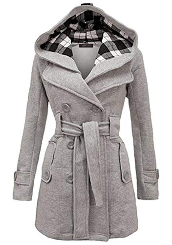 Image of FLITAY Womens Double Breasted Long Sleeve Pea Coat Mid Long Checkered Coat Light Grey XL