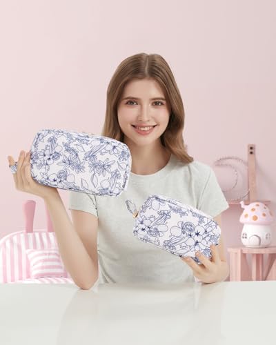Image of Narwey Cute Makeup Bag Small Toiletry Bag Travel Cosmetic Bag Organizer Make Up Bags with Organized Pockets for Women (Navy Blue Flower, Large)