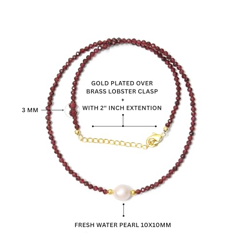 A&M Gems Natural Gemstone 3-3.5 mm Round Faceted Beaded Necklace for Women 7-10 mm Freshwater Pearl Choker Style Gold Plated Hypoallergenic Non-Tarnish Handmade Jewelry 18 Inches3