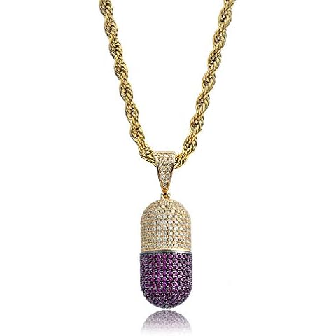 KMASAL Jewelry Hip Hop Capsule Medicine Pill Holder Container Iced Out Zirconia Pendant Cremation Urn Necklace with 24 Inch Stainless Steel Chain (Gold) Cover
