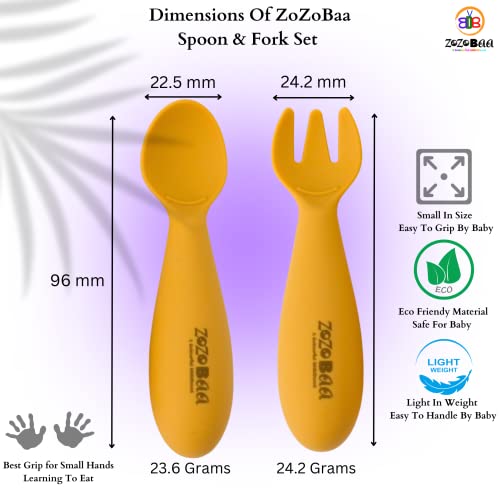 Image of Silicone Baby Bib with Spoon and Fork Set | Waterproof Adjustable Bib & First Stage Feeding Utensils for Infants & Toddlers | Soft Silicone Spoon for Baby 6 Months+, 1 Set, Mango Yellow