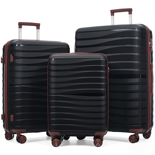 Image of Hardside Luggage Sets, Lightweight Wave Suitcase with Spinner Wheels, PP Black