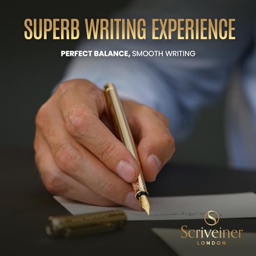 Image of Scriveiner Personalized Gold Fountain Pen - Stunning Luxury Pen, Real Gold Plating, Schmidt Ink Refill, Best Engraved Fountain Pen Gift Set for Men & Women, Custom Name Engraving