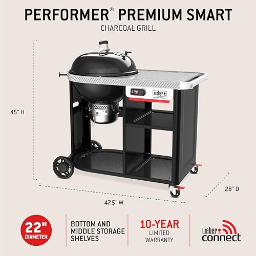 Image of Weber Performer 22‑Inch Premium Smart Charcoal Grill for Outdoor Cooking - Black, Porcelain-Enameled Finish, Wi-Fi Enabled with Prep Table, Weber Works Side Table & Side Rail, Kettle