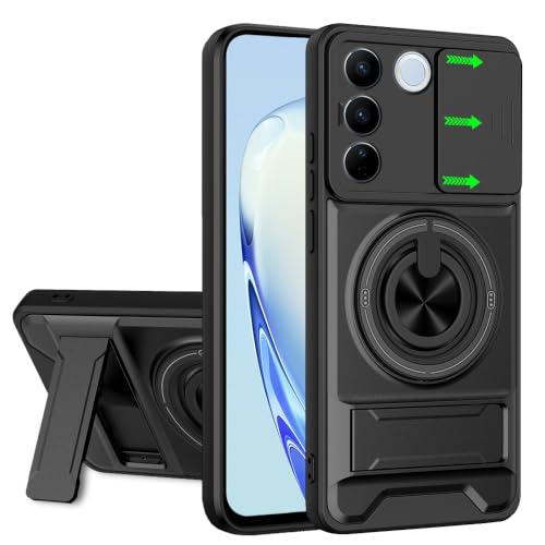 Image of AESTMO Vivo V27 Pro 5G Back Cover | Armor Camera Slider 360 Degree Rotating Finger Ring Holder Case with Bracket Stand Back Case Cover (Compatible with MagSafe Accessories) (Black)