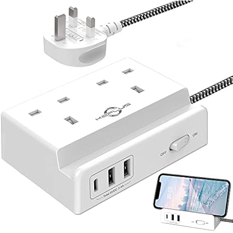 2 Way Extension Lead with USB C Slots, Multi Plug Extension Sockets with 2 USB-A/1 USB-C, 1.5M Braided Extension Cable, Wall Mount Power Strip Extension Cord for Home Office Travel Cover