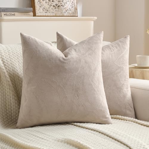 Image of FUTEI Pack of 2 Velvet Throw Pillow Covers 20x20 Inch Soft Embossed Leaf-Relief Textured Decorative Cushion Cases Modern Natural Farmhouse Accent for Couch Bed Living Room, Oatmeal