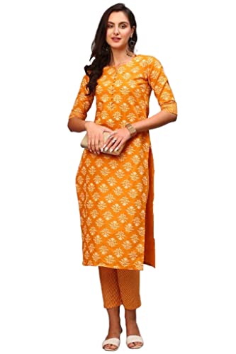 Image of GoSriKi Women's Cotton Blend Printed Straight Kurta With Pant
