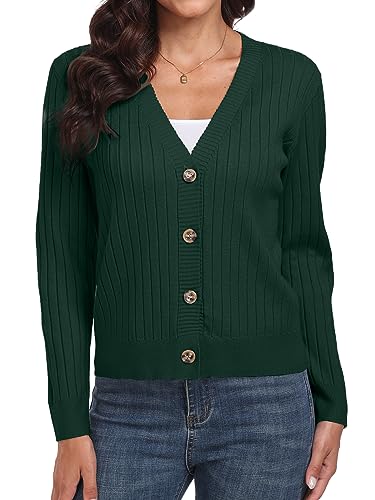 Image of Women's Dark Green Casual Dressy Stirped Cardigan with V Neck Button Christmas Sweaters Crew Neck Lady Lightweight Jacket 2024 Fall Winter Size M