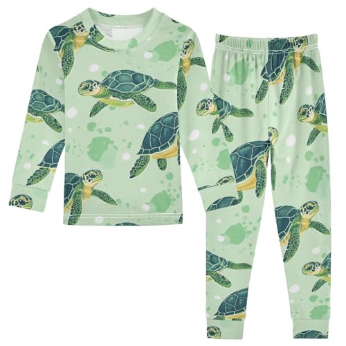 Pajama Sets Long Sleeve Cute Sea Green Turtle Pattern Soft Comfy Sleepwear 2 Piece PJS 3-8T
