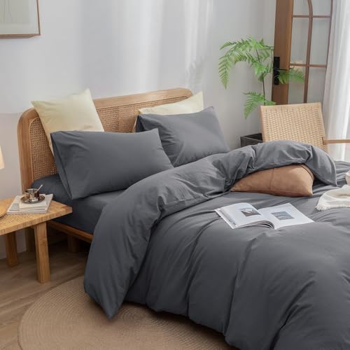 Image of BESTOUCH Cotton Solid Duvet Cover Set Quiet Shade Grey Alaska King | 100% Washed Cotton, Soft Wrinkle Texture, Hidden Zipper, 8 Ties, Breathable Lightweight Durable Comfy, 3 Pcs No Insert