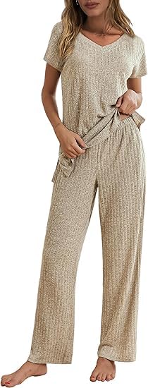 ELESOL Womens Pajamas 2 Piece Lounge Sets Ribbed Knit Matching Outfits V Neck Sleepwear Loungewear