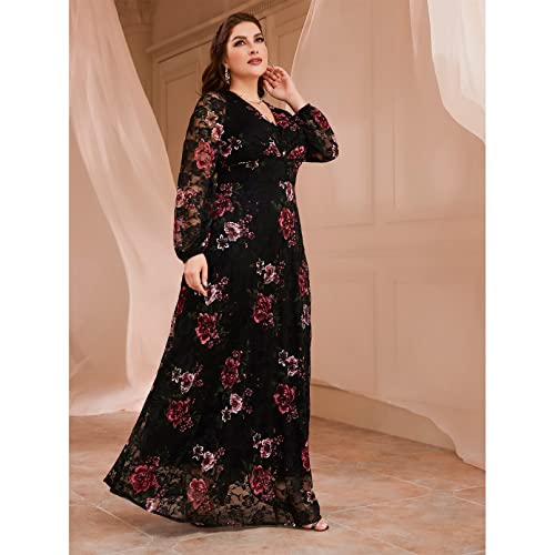 TOLEEN Women's Plus Size Dress V Neck Rose Embroidery Mesh Elegant Formal Maxi Dresses4