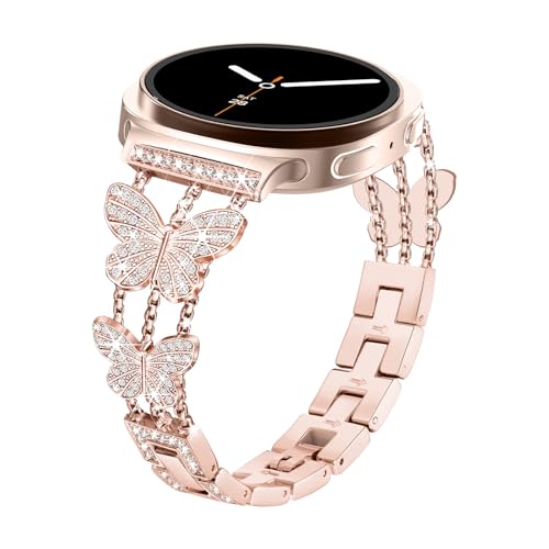 #ColaboraciónPagada<br>Correa Metal para Samsung Galaxy Watch 8 40mm 44mm / Samsung Galaxy Watch 8 Classic 46mm Repuesto Acero Inoxidable Cristales Purpurina Mariposa para Mujer Oro Rosa