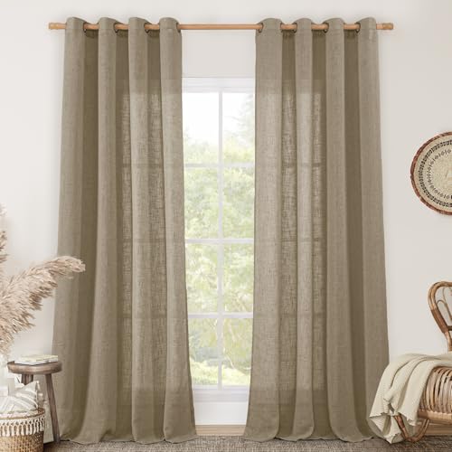 Image of LAMIT Linen Sheer Curtains 96 Inches Long for Living Room 2 Panels, Light Filtering Boho Burlap Drapes Bronze Grommet Floor to Ceiling Curtains for Bedroom /Sliding Glass Door, Taupe, 52 x 96 Inch