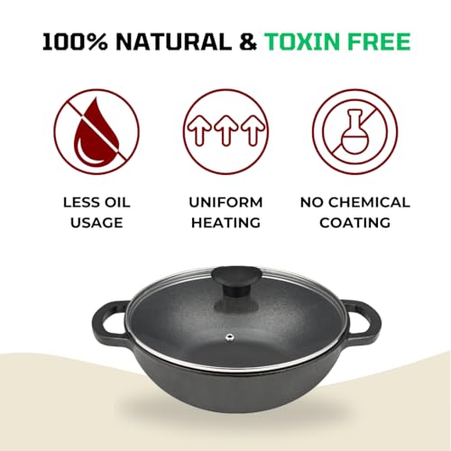 Image of Pencil Pre-Seasoned Cast Iron Kadhai /Kadai with Glass Lid 24 cm | Cast Iron Handles | Compatible with Gas Stoves & Induction | Naturally Nonstick | 100% Pure & Toxin-Free | No Chemical Coating | Black
