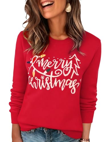 Wayleb Weihnachts Pulli Damen Rundhals Merry Christmas Weihnachtspullover Langarm Weihnachten Strick Pullover Elegant Xmas Sweater Weihnachtsmotive...