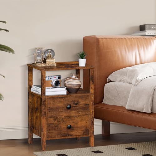 Lerliuo Night Stand, Small Nightstand with 2 Wood Drawers and Storage Shelf, Rustic Bedside Table with Wooden Frame, Vintage Brown Couch Bed Side Table for Small Spaces, Retro Nightstands for Bedroom
