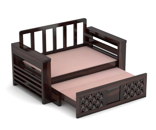 Image of Solid Wood Sofa Cum Bed for Living Room | Modern Wooden Pull-Out Diwan Bed with Cushioned Seating | Convertible 2 Seater Sofa Bed for Home & Guest Room (Walnut Finish)