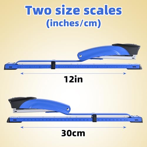 Image of Long Reach Stapler, with 2000 Staples & Stapler Remover Full Strip, 20-25 Sheet Capacity, with Built-in Ruler and Adjustable Locking Paper Guide, Blue