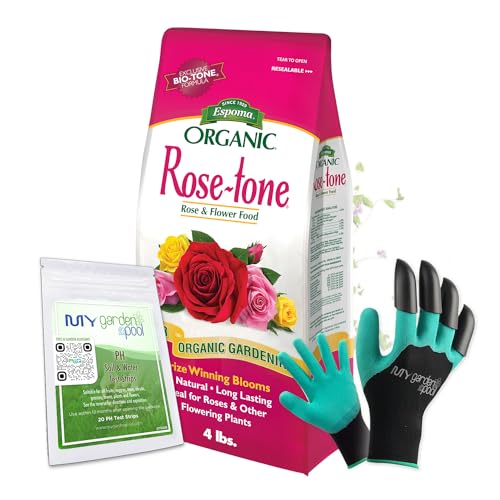 Espoma RT4 Organic Rose-Tone 4-3-2; 4 lb. Bag for All Types of Flowering Plants; with My Garden Pool PH Soil Test Strips 20 ct and Gardening Claw Gloves and Garden-IQ Smart Gardening AI Assistant!