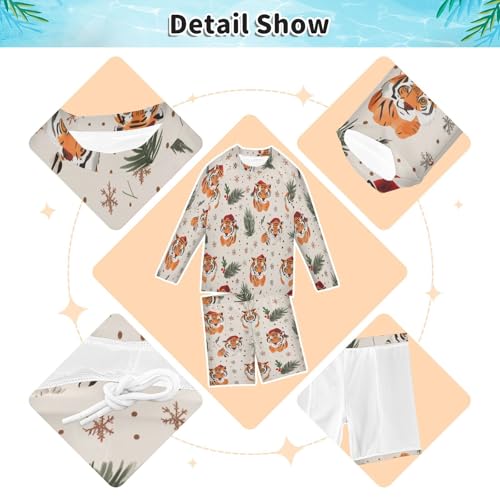 Tiger Pine Branches Boys Swimsuit Rash Guard Toddler Kids Long Sleeve Swim Shirt and Trunks Swimwear Set 3-10Y3