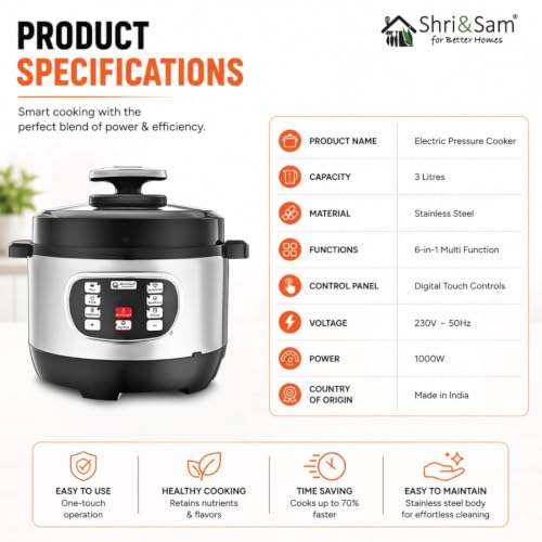 Image of Shri & Sam Stainless Steel Electric Pressure Cooker | Automatic Pressure Cooking | Multi-Cooking Electric Cooker 6 in 1 | Durable & Easy to Clean (3, litres)