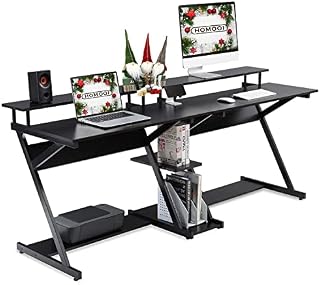 HOMOOI Computer Desk for Two Person Wood Black Z-Shaped with Monitor Riser Storage Writing Table Workstation for Home Office 200x60x84cm H01B3200B