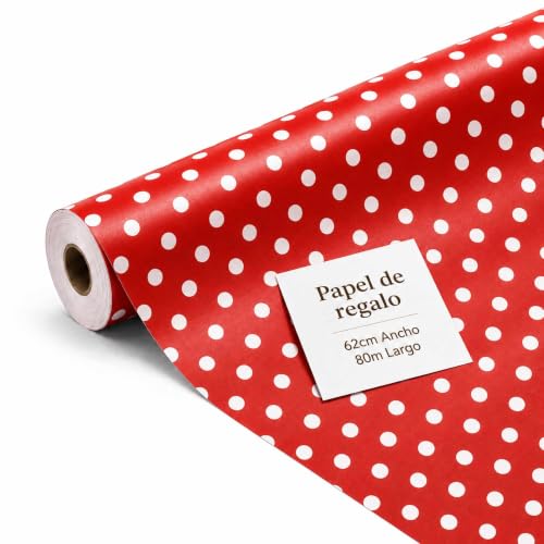 Rollo de papel para envolver regalos, Papel Regalo Cumpleaños, Papel Regalo Navidad, Papel navideño, Tamaño 62 cm x 80 Metros, Contiene 1 Rollo con diseños Rojo con lunares