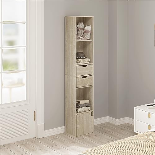 WOLTU Estantería para Libros, Librería Vertical con 3 Compartimentos Abiertos, 2 Cajones y 1 Armario, Libreria de Almacenaje para Oficina, Salón, Dormitorio, Cocina, Roble Claro, 30x24x158cm - imagen 5