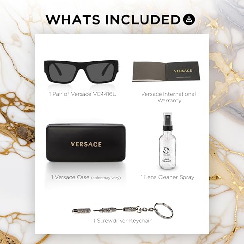 Versace VE4416U 53mm Non-Polarized Rectangle Sunglasses for Men – Black Acetate Frame with Black Temples, 100% UV Protection, Lightweight & Comfortable Sunglasses, eShades Eyewear Kit Included3