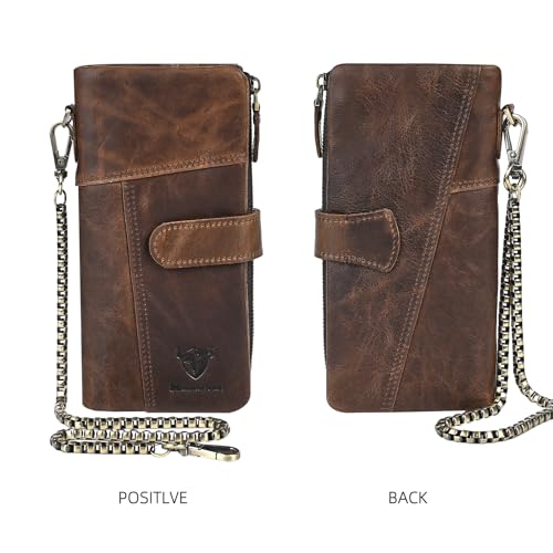 Image of Genuine Crazy Horse Leather Travel Gift Coin Pocket Card Case Long Organizer Chain Rfid Wallet Purse With Snap For Men Male 1803 1815 (1803 Light Brown)