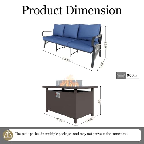 Image of Outdoor Furniture Set, Patio Conversation Set Include 2 x 3-Seater and Fire Pit Table for Deck, Porch, Garden, Backyard, Poolside (Blue, 3-Piece)