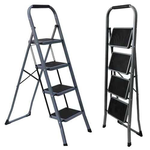 UABA Escalera Plegable de Aluminio para hogar y Cocina, 4 peldaños, Gris, peldaños Anchos Antideslizantes, asa de Agarre cómodo, EN 131