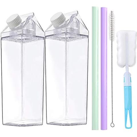 Corvelia 2 Pcs 500ml/17Oz Cute Leakproof Cleaar Milk Caoton Water Bottle Portable Drinkware Set Cover
