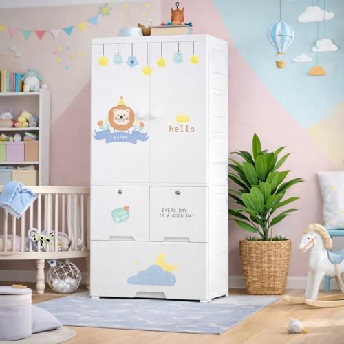 Image of 4- Door Plastic Wardrobe for Kids| Almirah and Wardrobe for Baby Clothes| Modular Storage Cabinet with Wheel Organizer for Cupboard Rack for Clothes /Shoes /Books /Toy (Lion)
