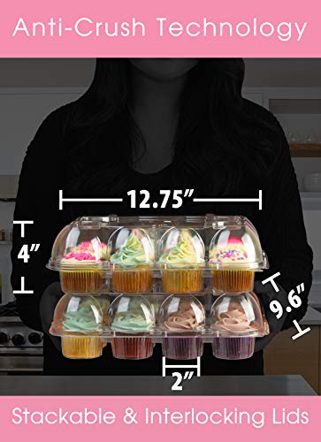 (12Pack x 12 Sets) STACK'nGO Cupcake Carriers - High Tall Dome Clear Containers Thick Plastic Disposable Storage Boxes. 1 Dozen Compartments Slots Holder Cupcakes Box Tray Container. Cup Cake Holders